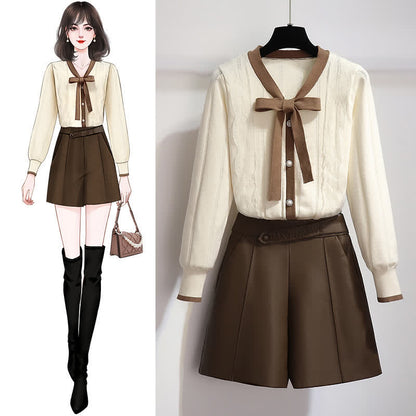 Elegant Bowknot Cardigan Sweater Elastic Waist Shorts modakawa