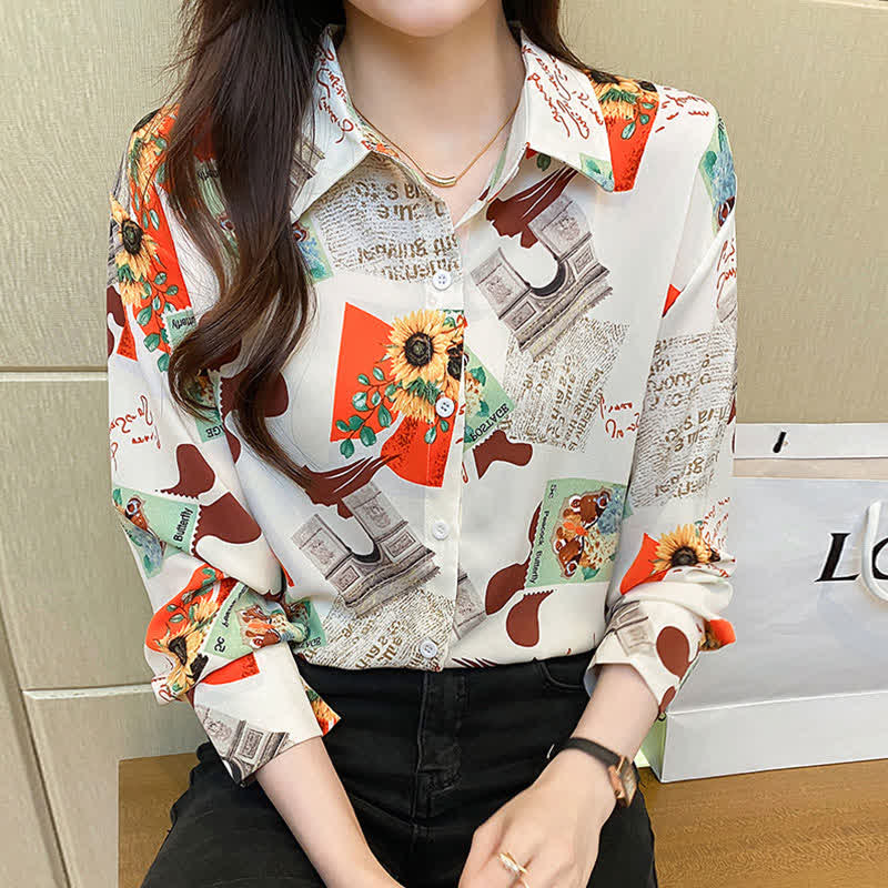 Chic Floral Letter Print Chiffon Shirt Workwear modakawa