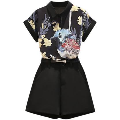 Bird Floral Print Chiffon T-Shirt Casual Shorts modakawa