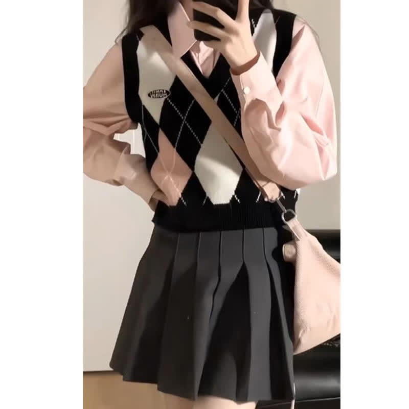 Pink Rhombus Print Vest Long Sleeve Shirt Pleated Skirt modakawa