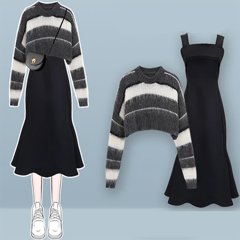 Chic Stripe Sweater Slip Dress Two Pieces modakawa