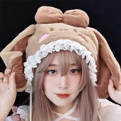 Pink Bowknot Decor Lolita Bunny Ears Plush Hat modakawa