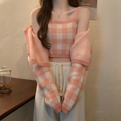 Pink Plaid Top Cardigan Sweater White Pants Set modakawa