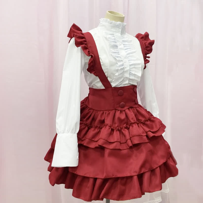 Lolita Red Button Ruffled Shirt Bubble Overalls Skirt Set Modakawa