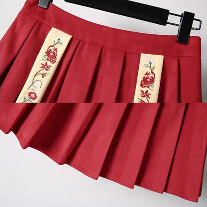 Red Flower Embroideried Hoodie High Waist Pleated Skirt Modakawa