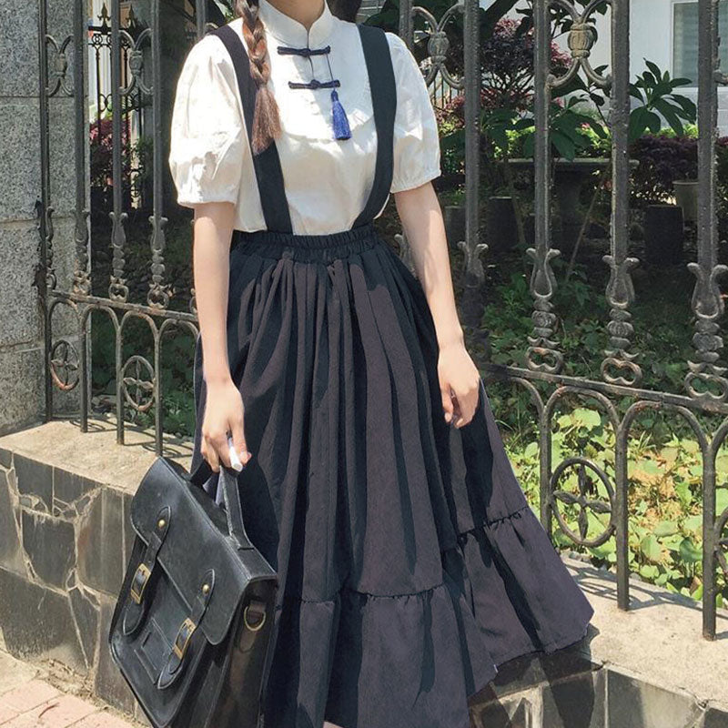 Vintage Buckle Tassel T-Shirt Suspender Skirt Set modakawa