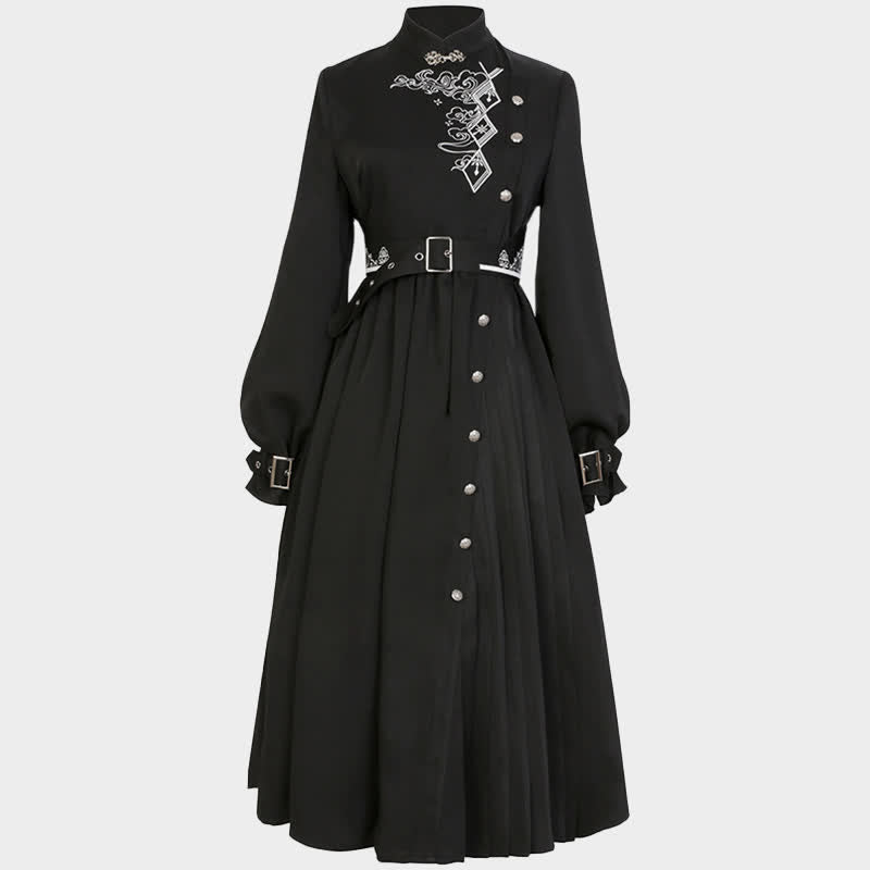 Elegant Black Vintage Embroidery Belted Pleated Dress modakawa