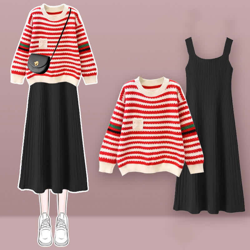 Stripe Colorblock Knit Sweater Slip Dress Set modakawa