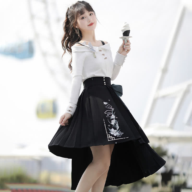 Sweet Embroidery Off The Shoulder Butterfly Shirt Irregualr Bow Pleated Skirt modakawa