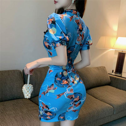 Charming Blue Floral Buckle Split Cheongsam Dress modakawa