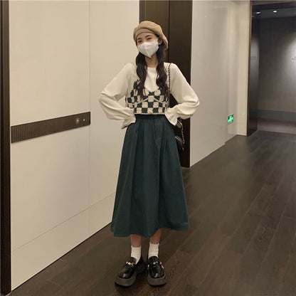 Green Plaid Vest Chiffon Shirt Pleated Skirt Set Modakawa