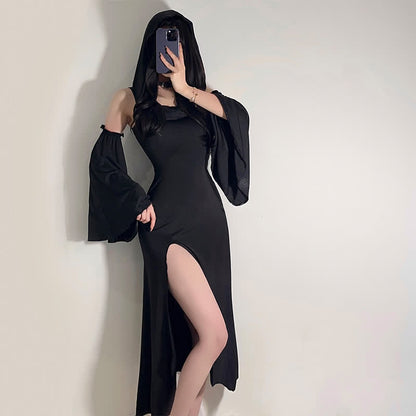 Black Witch Sleeveless Hooded Split Dress modakawa