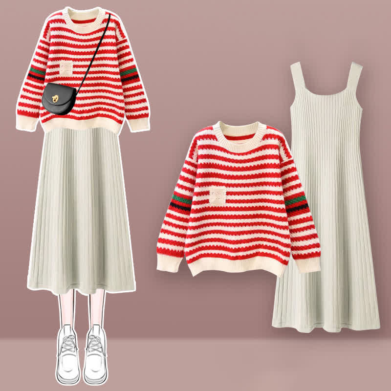 Stripe Colorblock Knit Sweater Slip Dress Set modakawa