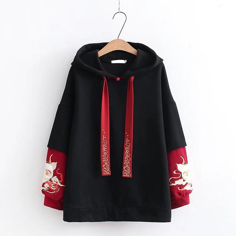 Stylish Dragon Embroidery Colorblock Hoodie Skirt Set Modakawa