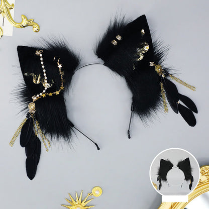 Black Snake Feather Wolf Ears Furry with Chain Headband modakawa