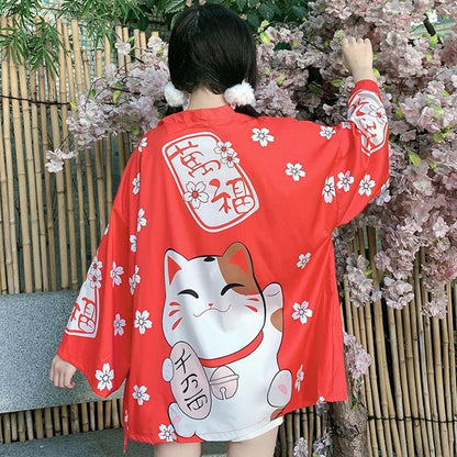 Charming Lucky Cat Sakura Print Loose Outerwear Kimono Modakawa