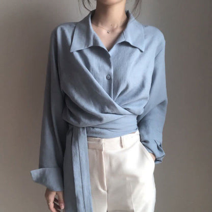 Chic Blue Cross Lace Up Lapel Shirt modakawa