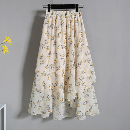 Yellow Flower Embroidery T-Shirt Floral Print Skirt modakawa