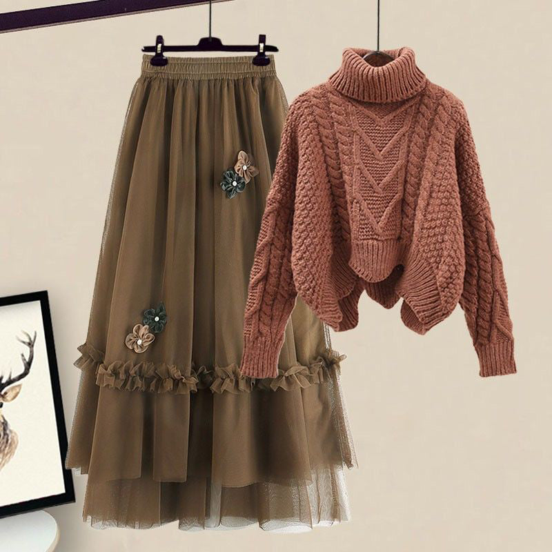 Brown Turtleneck Sweater Blossom Decor Tulle Skirt Set modakawa