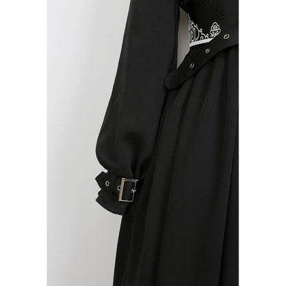 Elegant Black Vintage Embroidery Belted Pleated Dress modakawa