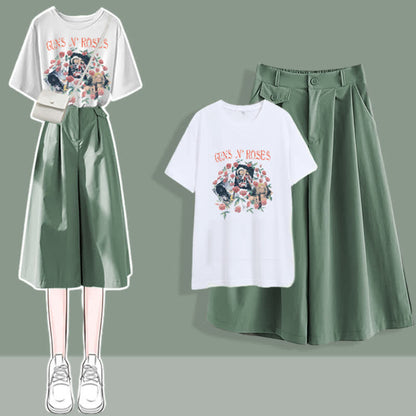 Chic Printed T-Shirt Casual Wide Leg Pants Set modakawa