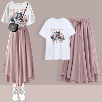 Sweet Printed T-Shirt Chiffon Split Wide Leg Pants Set modakawa