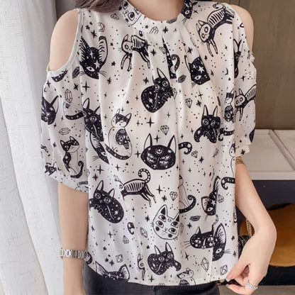 Kitty Print Cold Shouder Chiffon Shirt Casual Denim Shorts modakawa