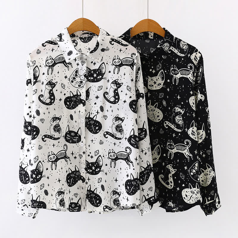 Black White Kitty Print Lapel Chiffon Shirt modakawa