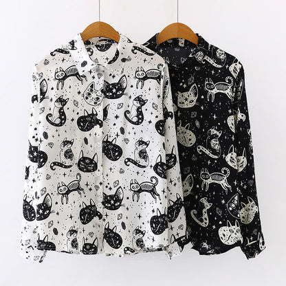 Black White Kitty Print Lapel Chiffon Shirt modakawa