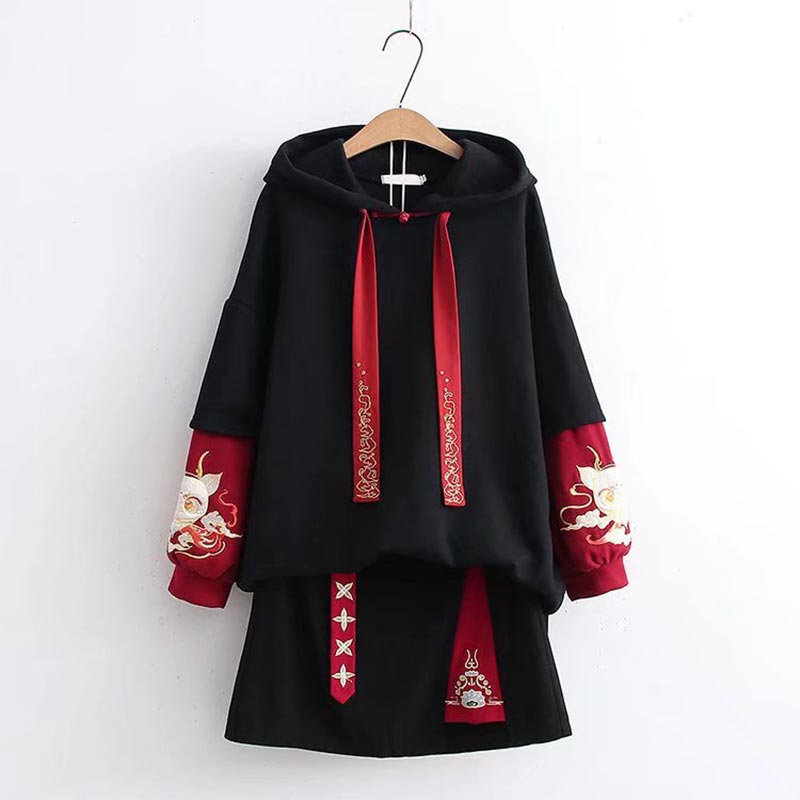 Stylish Dragon Embroidery Colorblock Hoodie Skirt Set Modakawa