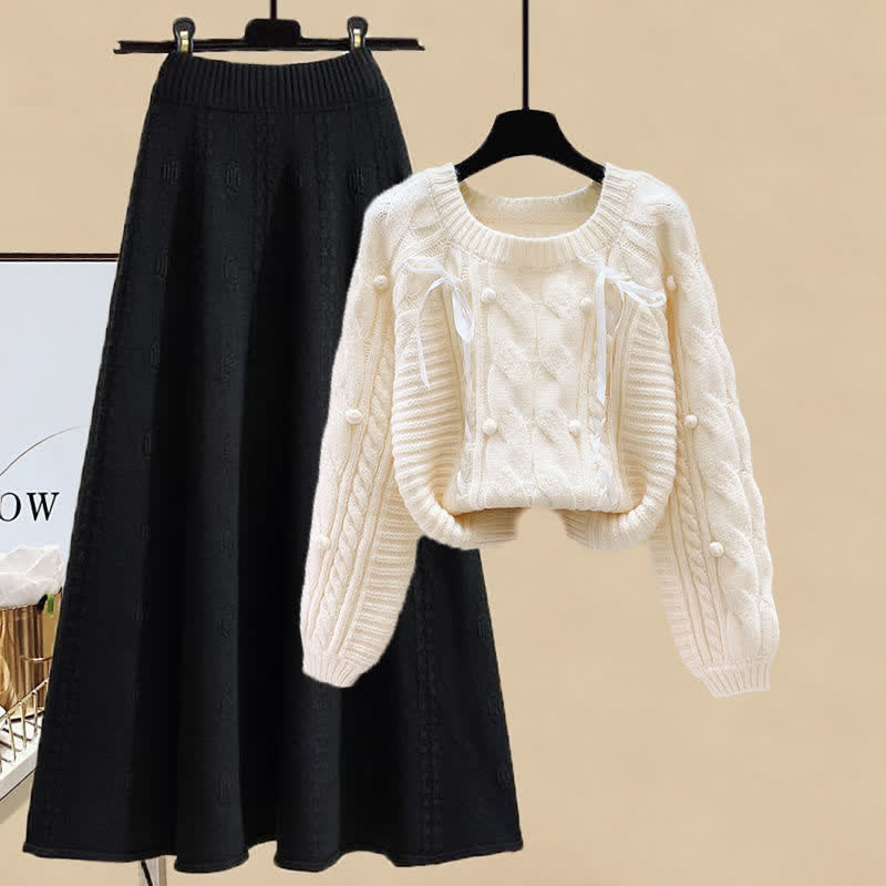 Pills Decor Cable Knit Sweater Skirt Set modakawa