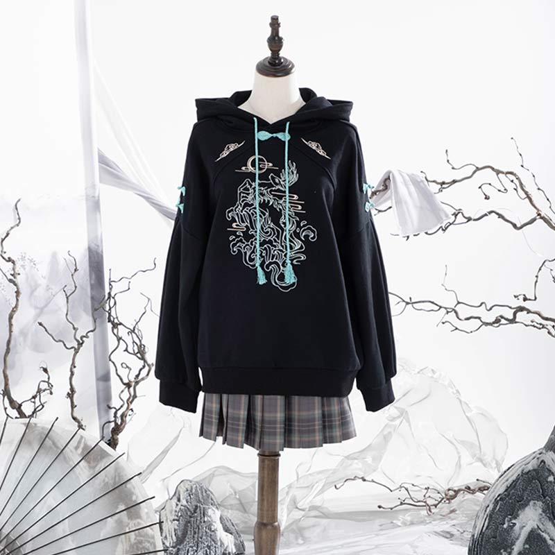 Couple Deer Embroidery Loose Hoodie Dress Modakawa