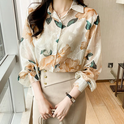 Sweet Floral Puff Sleeve Lapel Chiffon Shirt modakawa