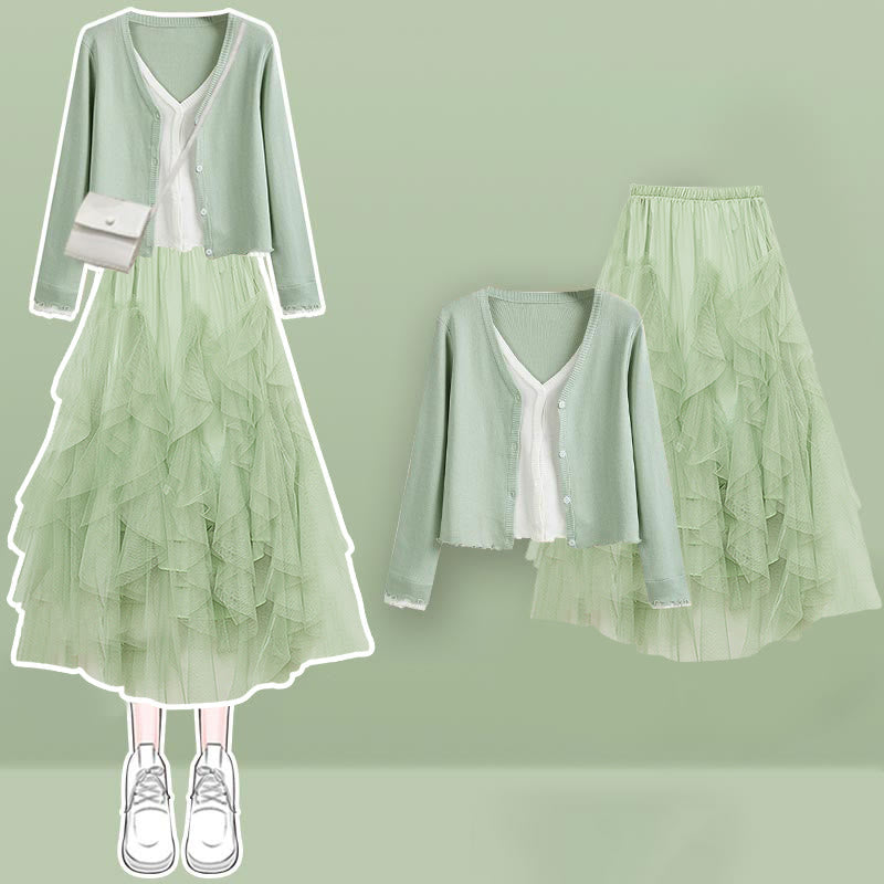 Colorblock Fake Shirt Tulle Tiered Skirt Set modakawa