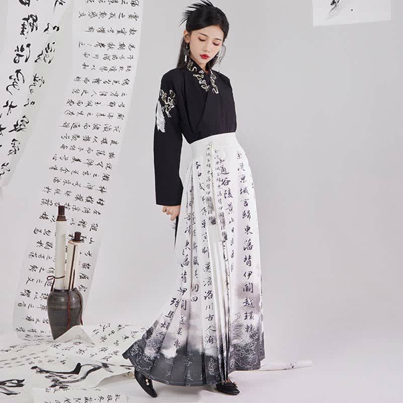 Vintage Crane Embroidery Shirt Character Print Pleated Skirt modakawa