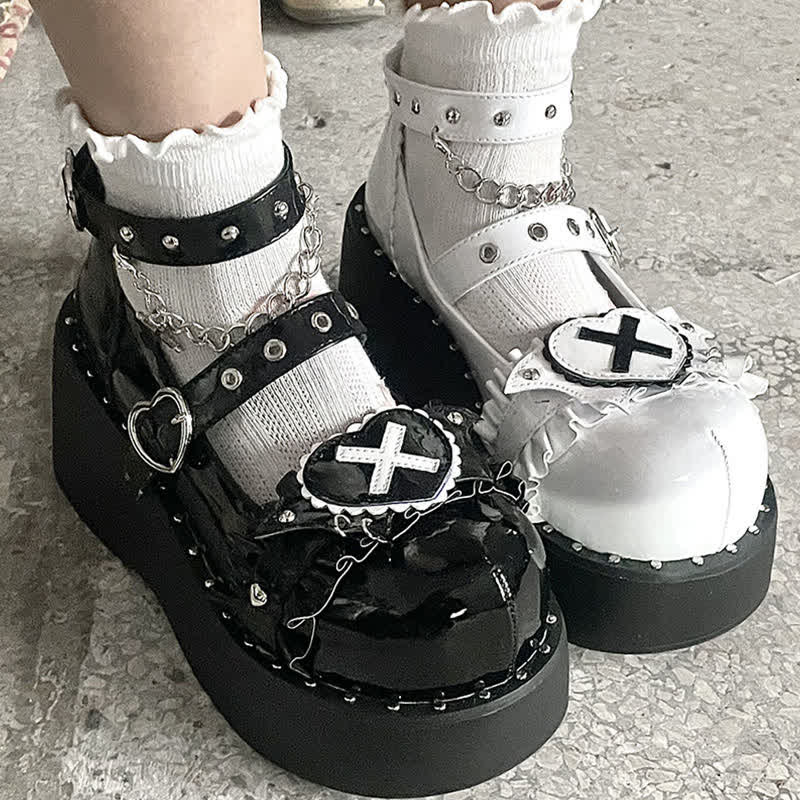 Sweet Punk Cross Love Heart Chain Strap Buckle Platform Shoes modakawa