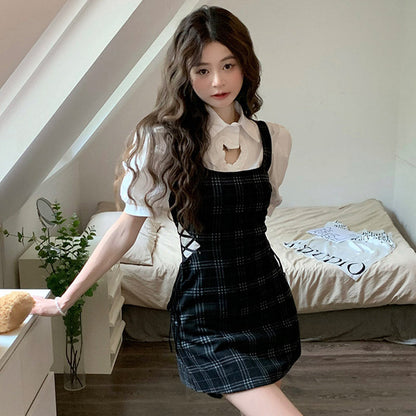 Love Heart Hollow Out T-Shirt Lace Up Plaid Dress Set Modakawa