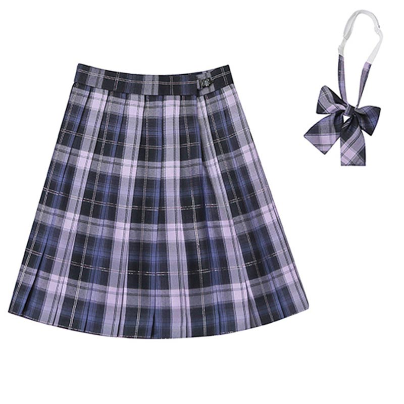 Plaid Print Pleated Skirt Bow Tie Set Modakawa