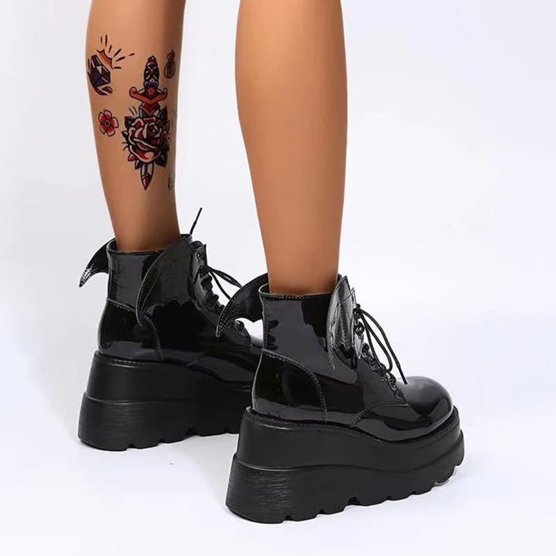 Black Punk Goth Wings Lace Up High Wedge Boots modakawa