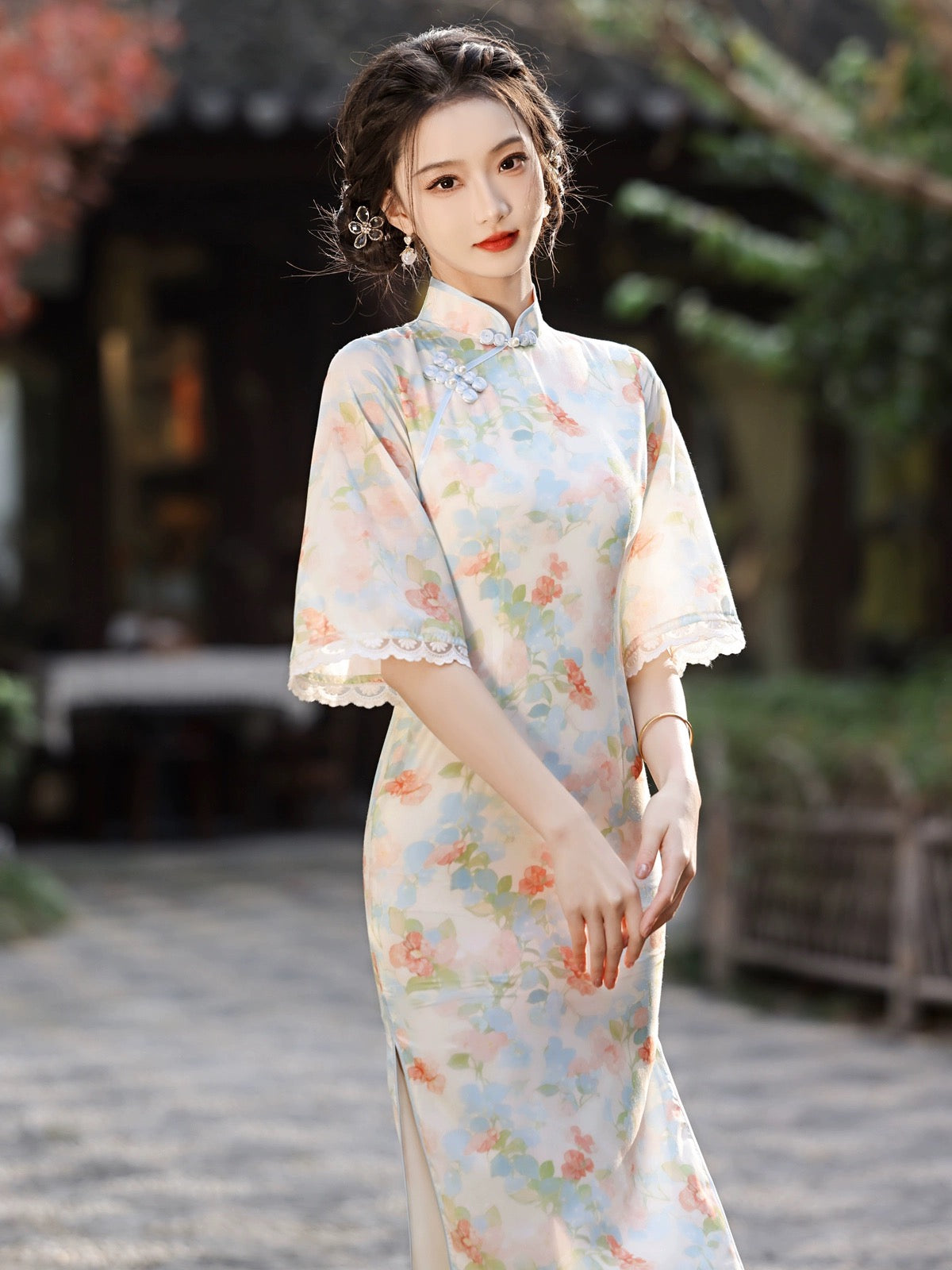 Spring Floral Wide Sleeve Long Cheongsam Hanfu Story