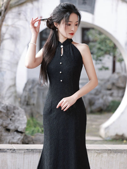 Black Elegant Sleeveless Long Cheongsam Hanfu Story