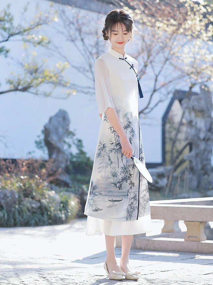 White Elegant Wide Sleeve Long Cheongsam Hanfu Story