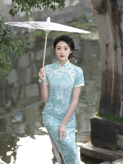 Light Green Floral Cheongsam Dress Hanfu Story