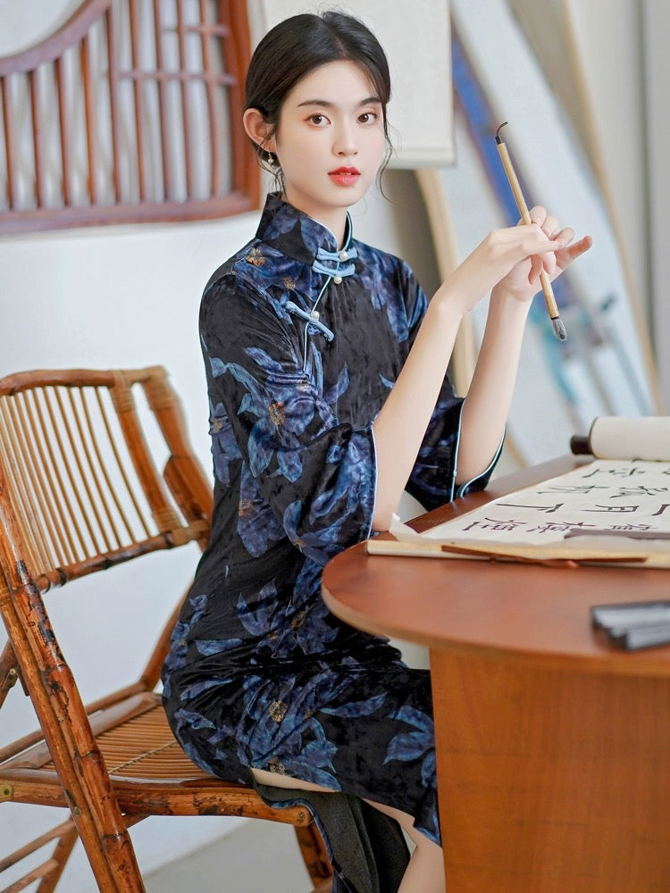 Blue Floral Cheongsam Dress Hanfu Story