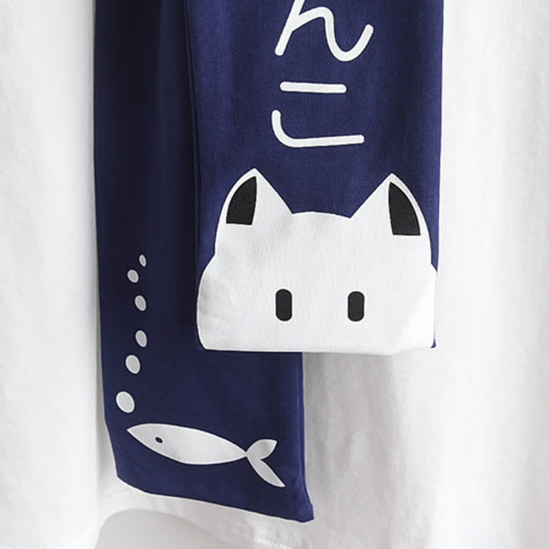 Cartoon Cat Fish Letter Print T-Shirt Pleated Skirt modakawa