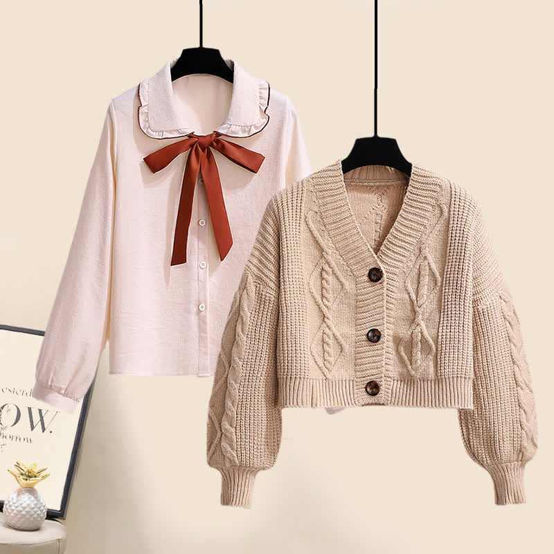 Sweet Cardigan Sweater Bow Tie Shirt Pleated Skirt Set modakawa