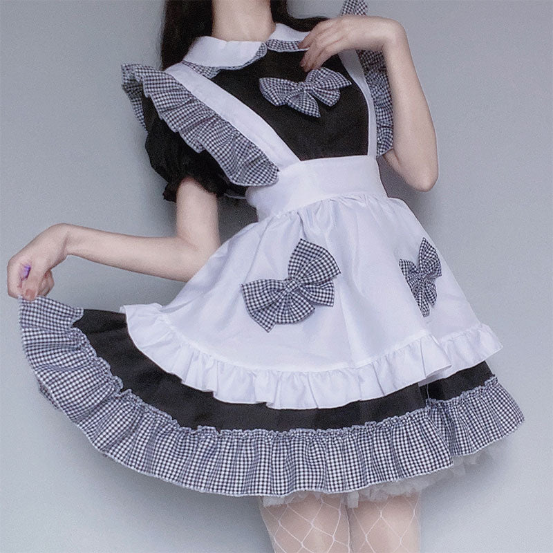 Kawaii Plaid Bow Tie Lolita Maid Ruffle Costume Dress Modakawa