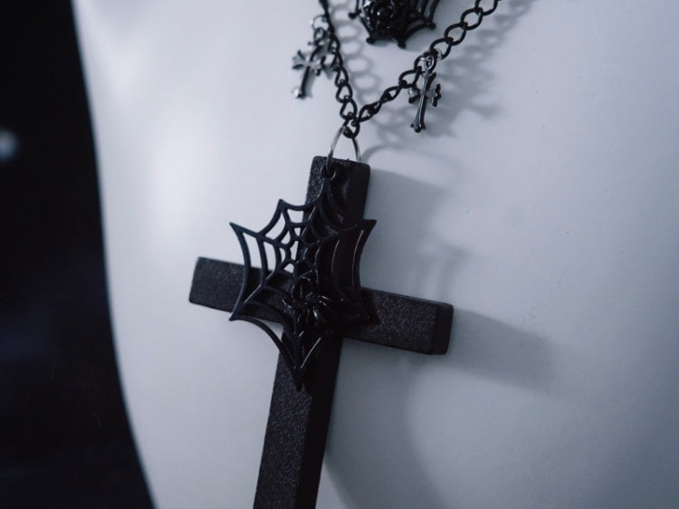 Spider Web Cross Pendant Black Triple Layered Necklace mySite