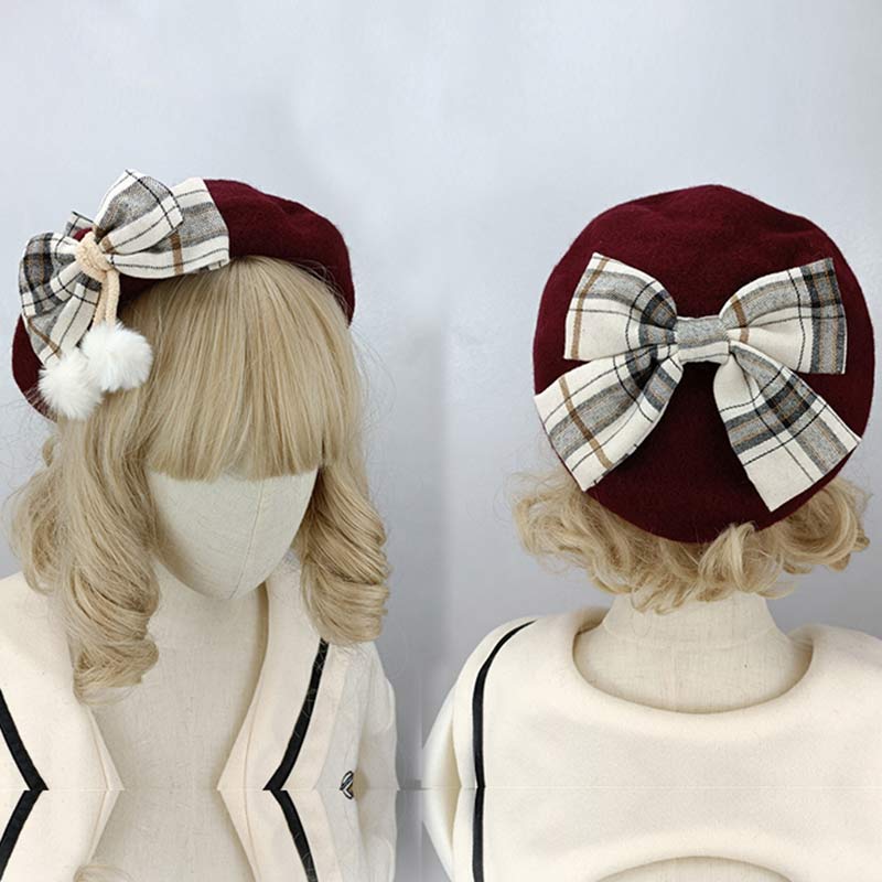 Vintage Bow Knot Plaid Lolita Beret modakawa