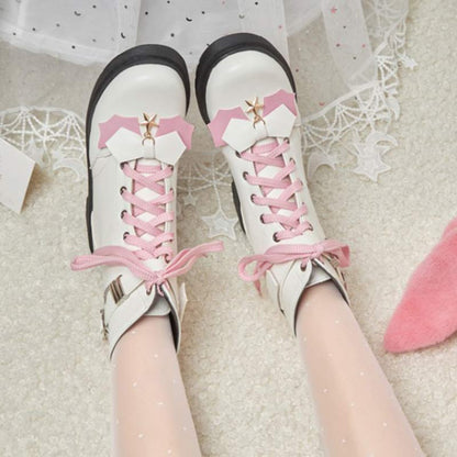 Pink Bow Knot Chain Lace-up Front Boots Modakawa